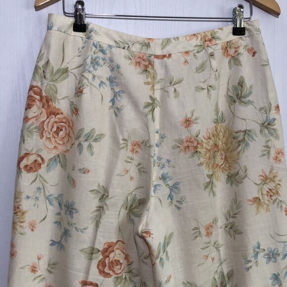 Talbots Pants Womens 10 Yellow Linen Floral Cottage Ankle Tapered Resort Vintage - Picture 7 of 12
